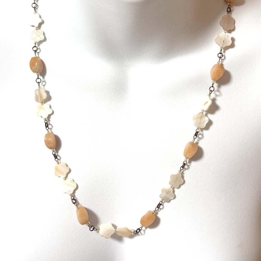 Genuine Orange Aventurine Nacre Flower Necklace, Natural Gemstone & Copper Links